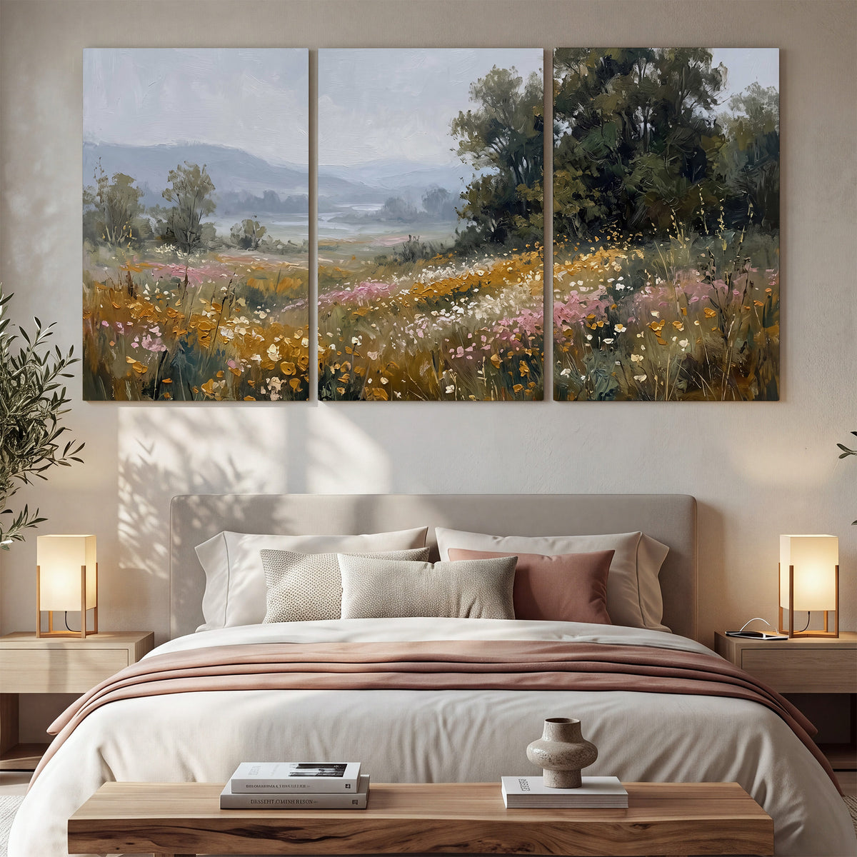 A flower-filled meadow overlooking soft blue mountain ridges 3 piece canvas wall art displayed in a bedroom