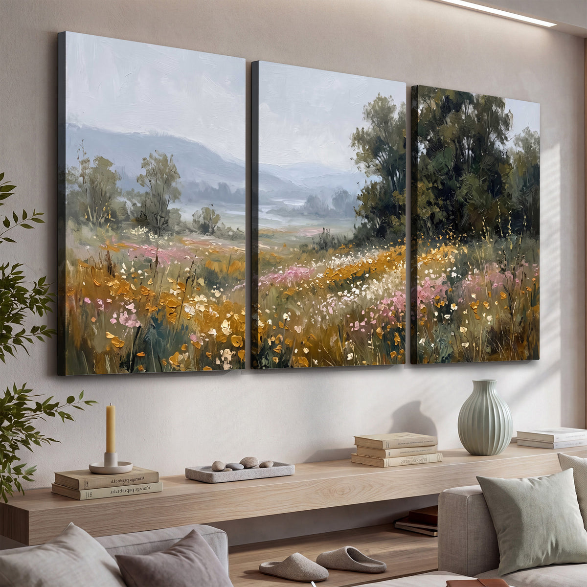 A flower-filled meadow overlooking soft blue mountain ridges 3 piece canvas wall art displayed in a console