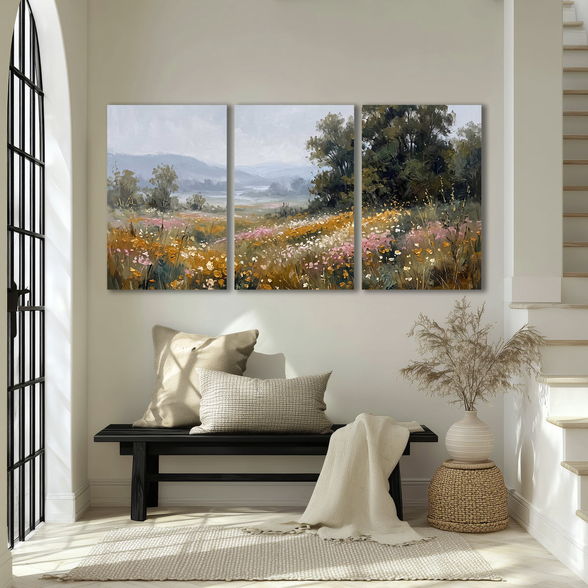 A flower-filled meadow overlooking soft blue mountain ridges 3 piece canvas wall art displayed in a entryway