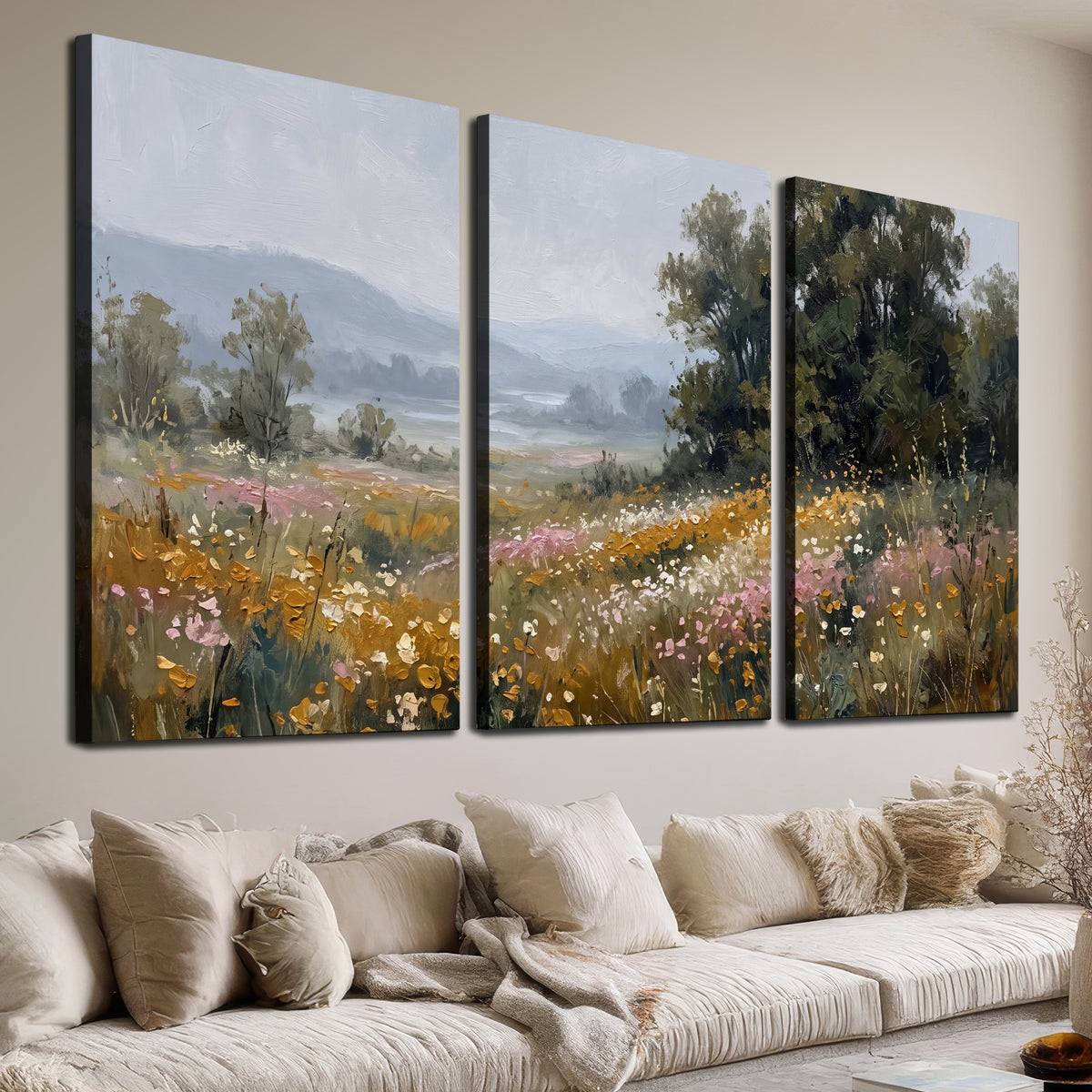 A flower-filled meadow overlooking soft blue mountain ridges 3 piece canvas wall art room and product view