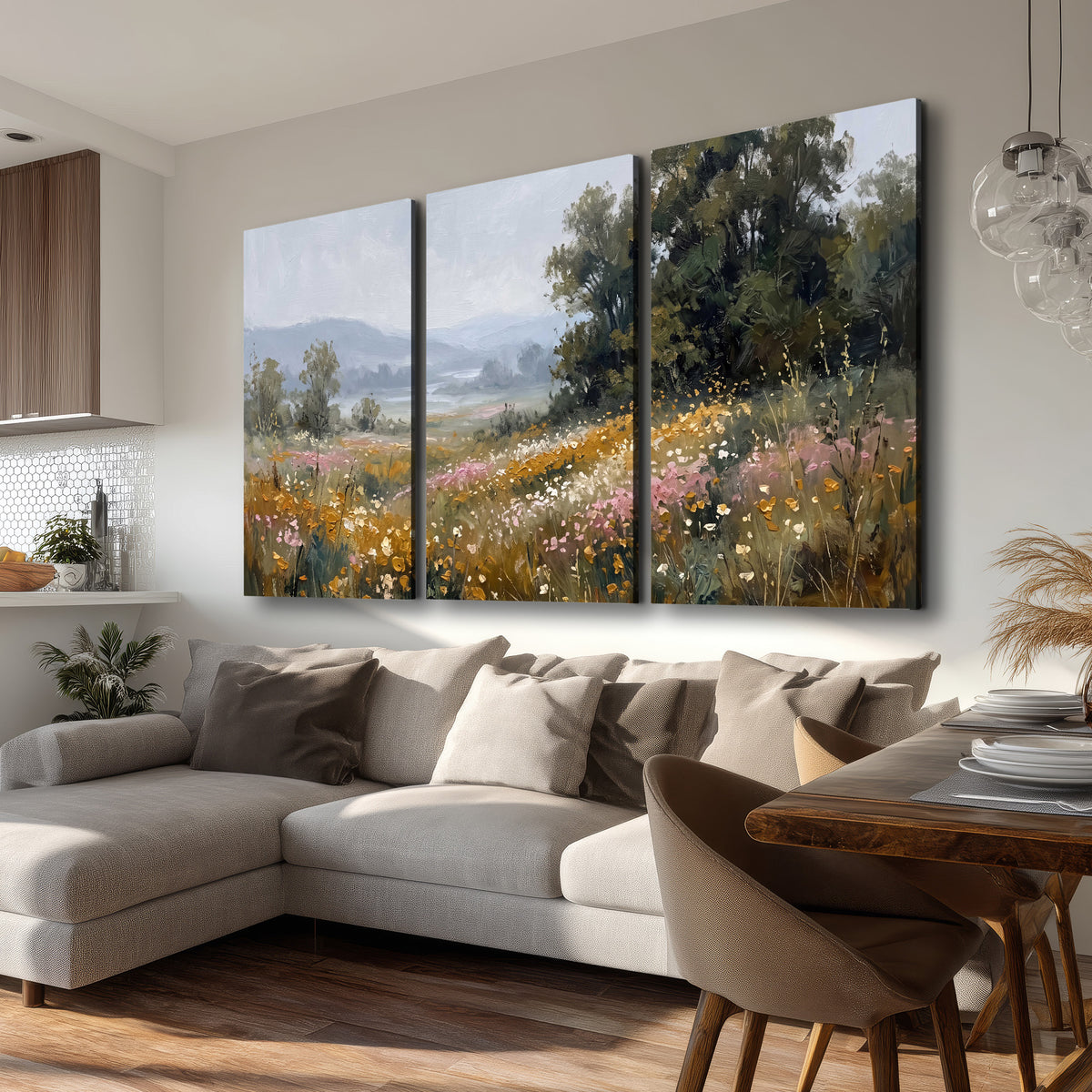 A flower-filled meadow overlooking soft blue mountain ridges 3 piece canvas wall art room and product view