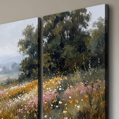 A flower-filled meadow overlooking soft blue mountain ridges 3 piece canvas wall art room and product view