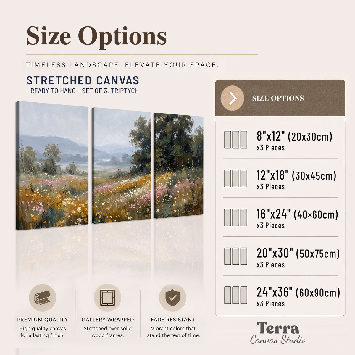 A flower-filled meadow overlooking soft blue mountain ridges 3 piece canvas wall art available dimensions; triptych dimensions are per panel
