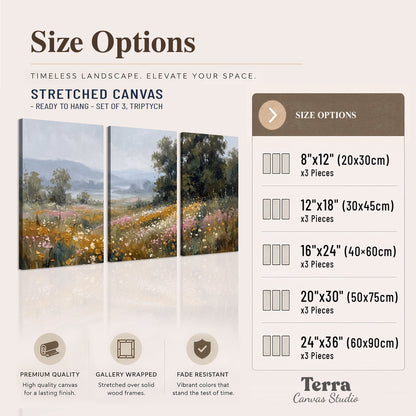 A flower-filled meadow overlooking soft blue mountain ridges 3 piece canvas wall art available dimensions; triptych dimensions are per panel