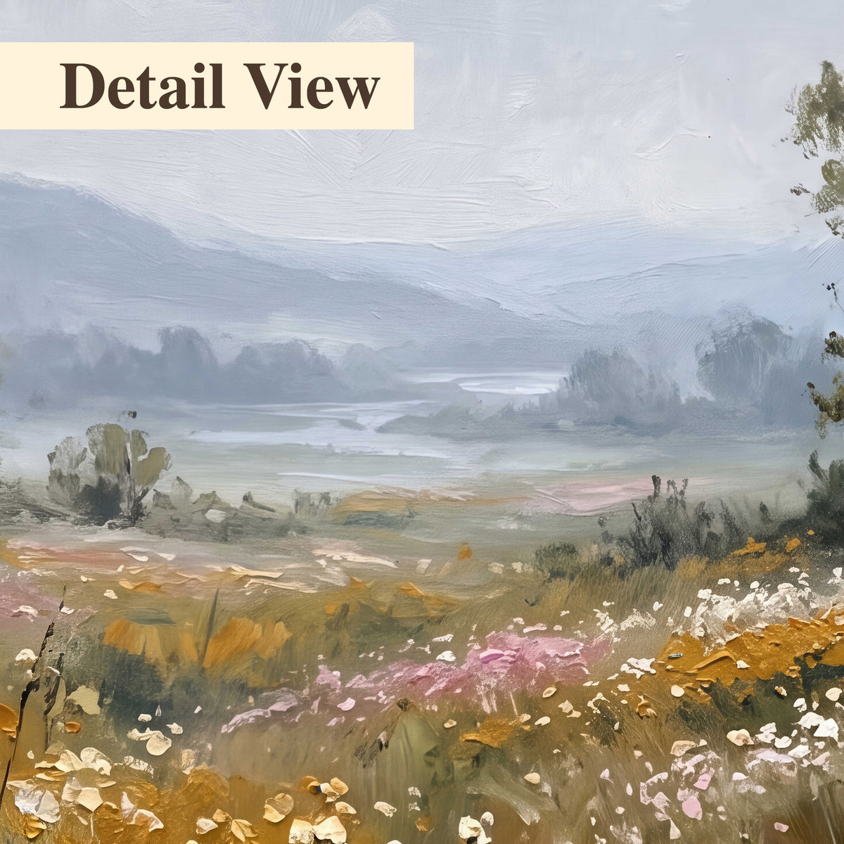 A flower-filled meadow overlooking soft blue mountain ridges 3 piece canvas wall art artwork detail close up