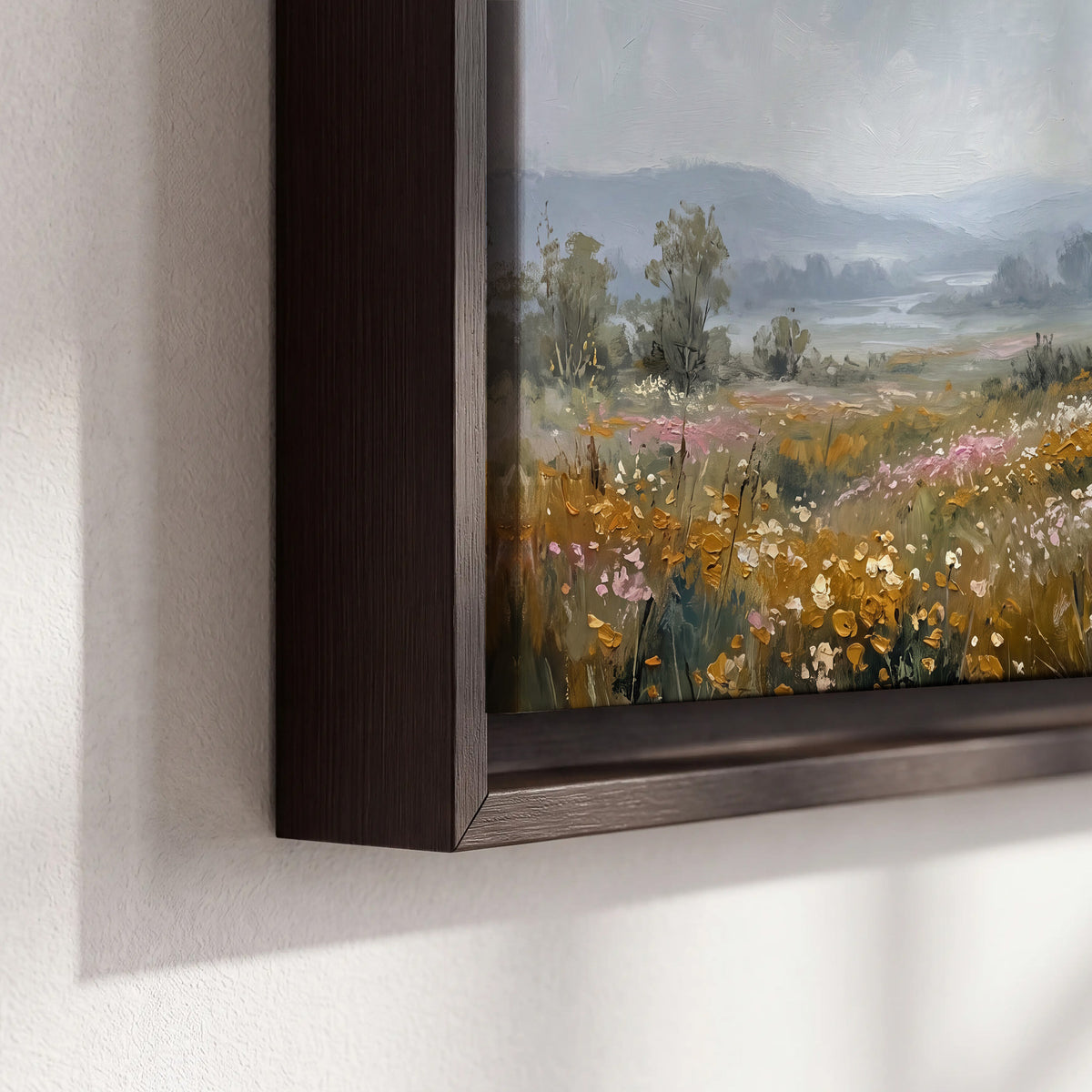 A flower-filled meadow overlooking soft blue mountain ridges 3 piece framed canvas wall art material and edge close up