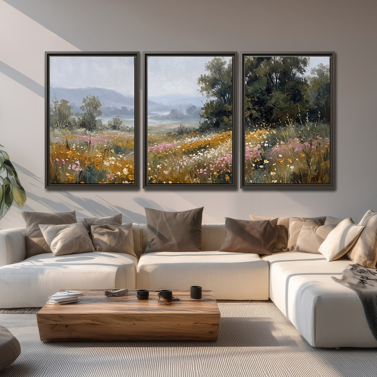 A flower-filled meadow overlooking soft blue mountain ridges 3 piece framed canvas wall art displayed in a living room