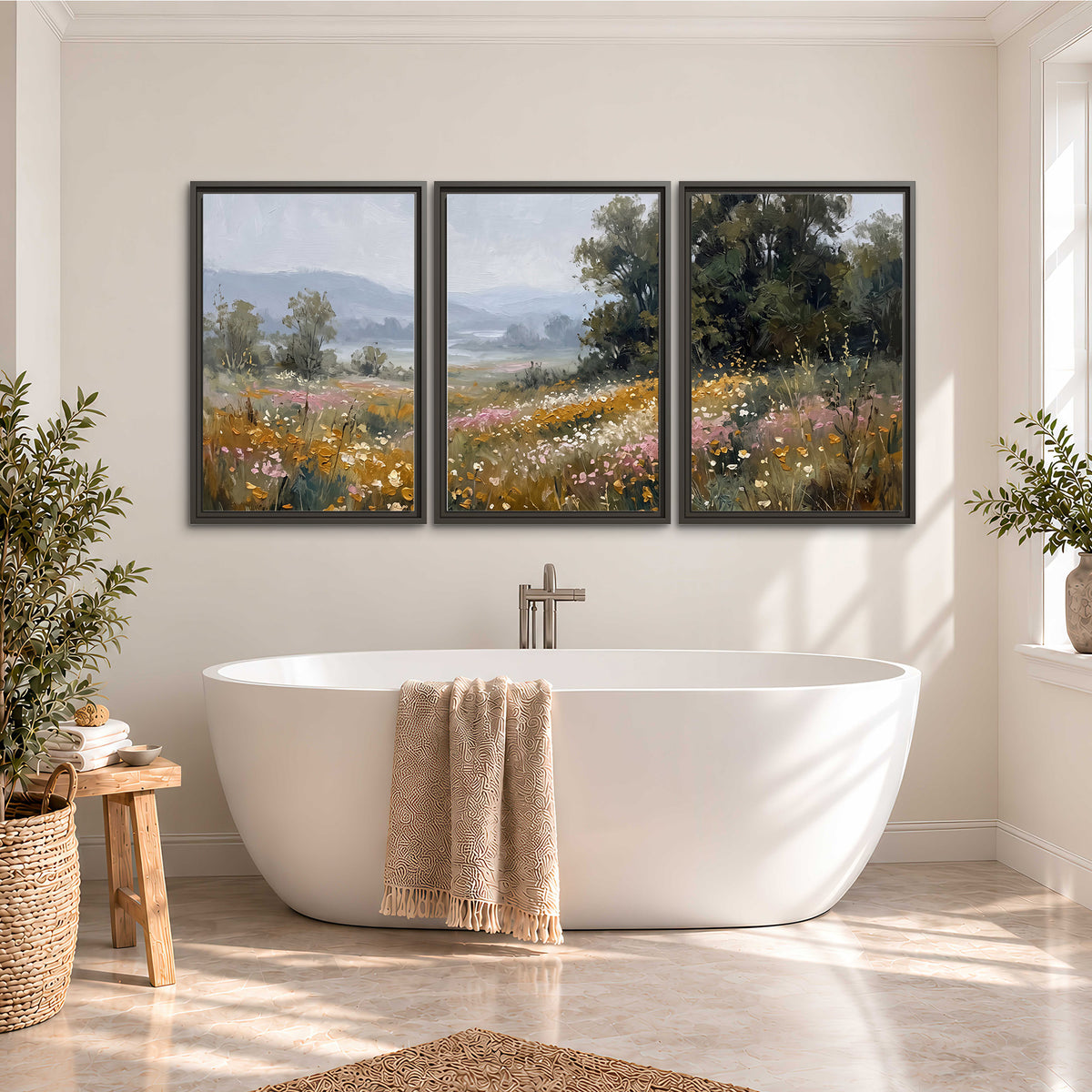 A flower-filled meadow overlooking soft blue mountain ridges 3 piece framed canvas wall art styled in an interior