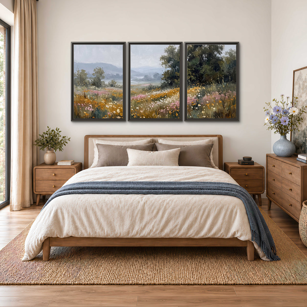 A flower-filled meadow overlooking soft blue mountain ridges 3 piece framed canvas wall art styled in an interior