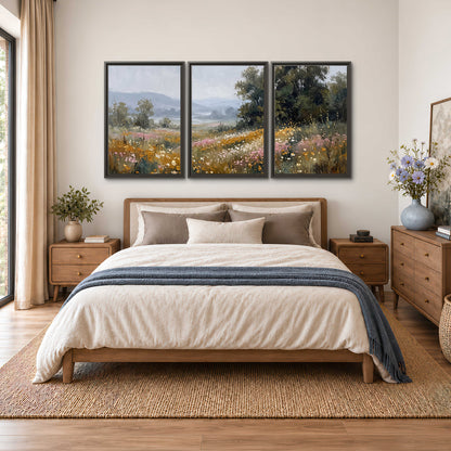 A flower-filled meadow overlooking soft blue mountain ridges 3 piece framed canvas wall art styled in an interior