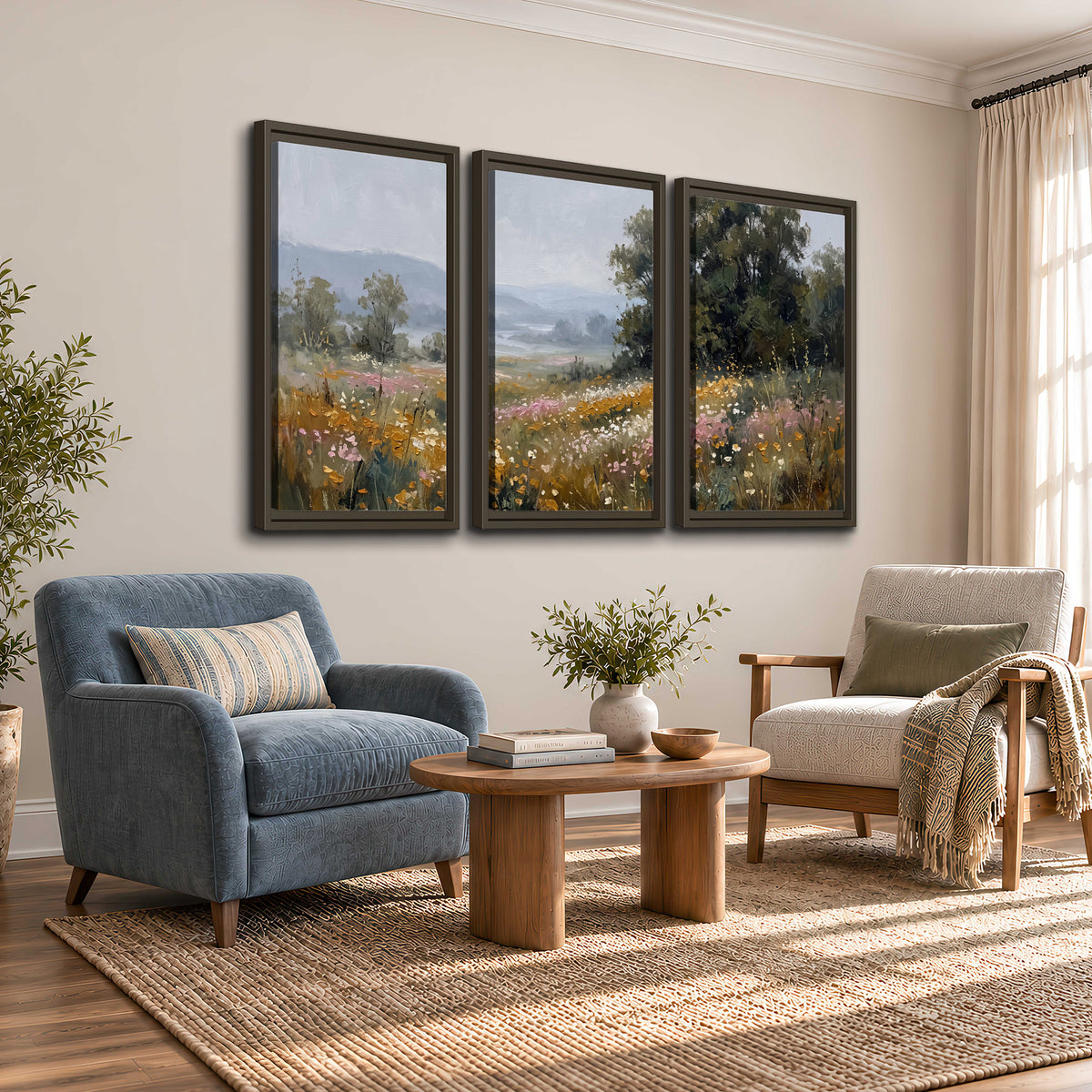 A flower-filled meadow overlooking soft blue mountain ridges 3 piece framed canvas wall art styled in an interior