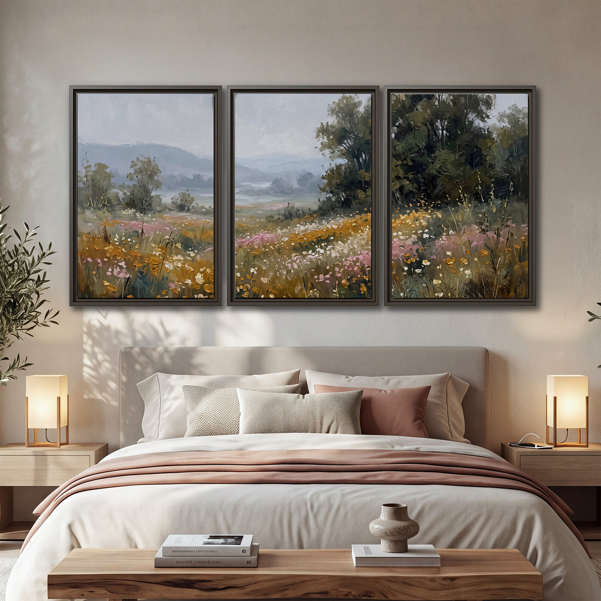 A flower-filled meadow overlooking soft blue mountain ridges 3 piece framed canvas wall art displayed in a bedroom