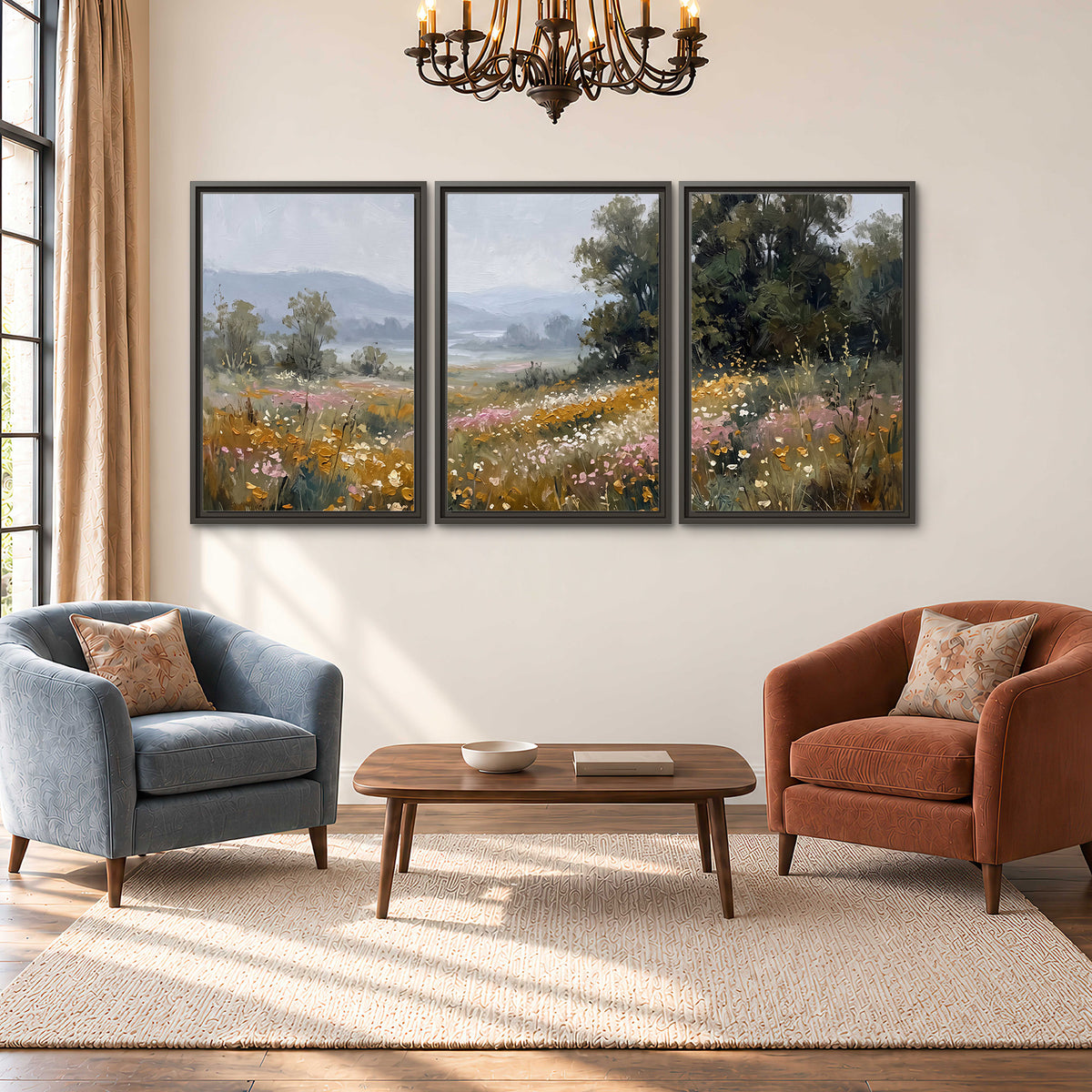 A flower-filled meadow overlooking soft blue mountain ridges 3 piece framed canvas wall art styled in an interior