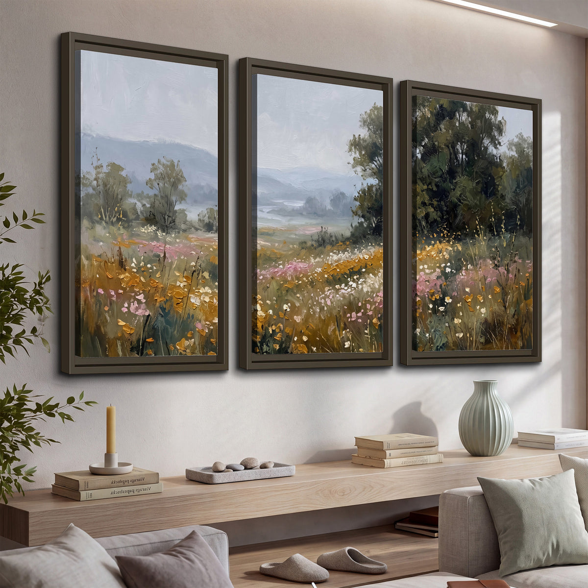 A flower-filled meadow overlooking soft blue mountain ridges 3 piece framed canvas wall art displayed in a console