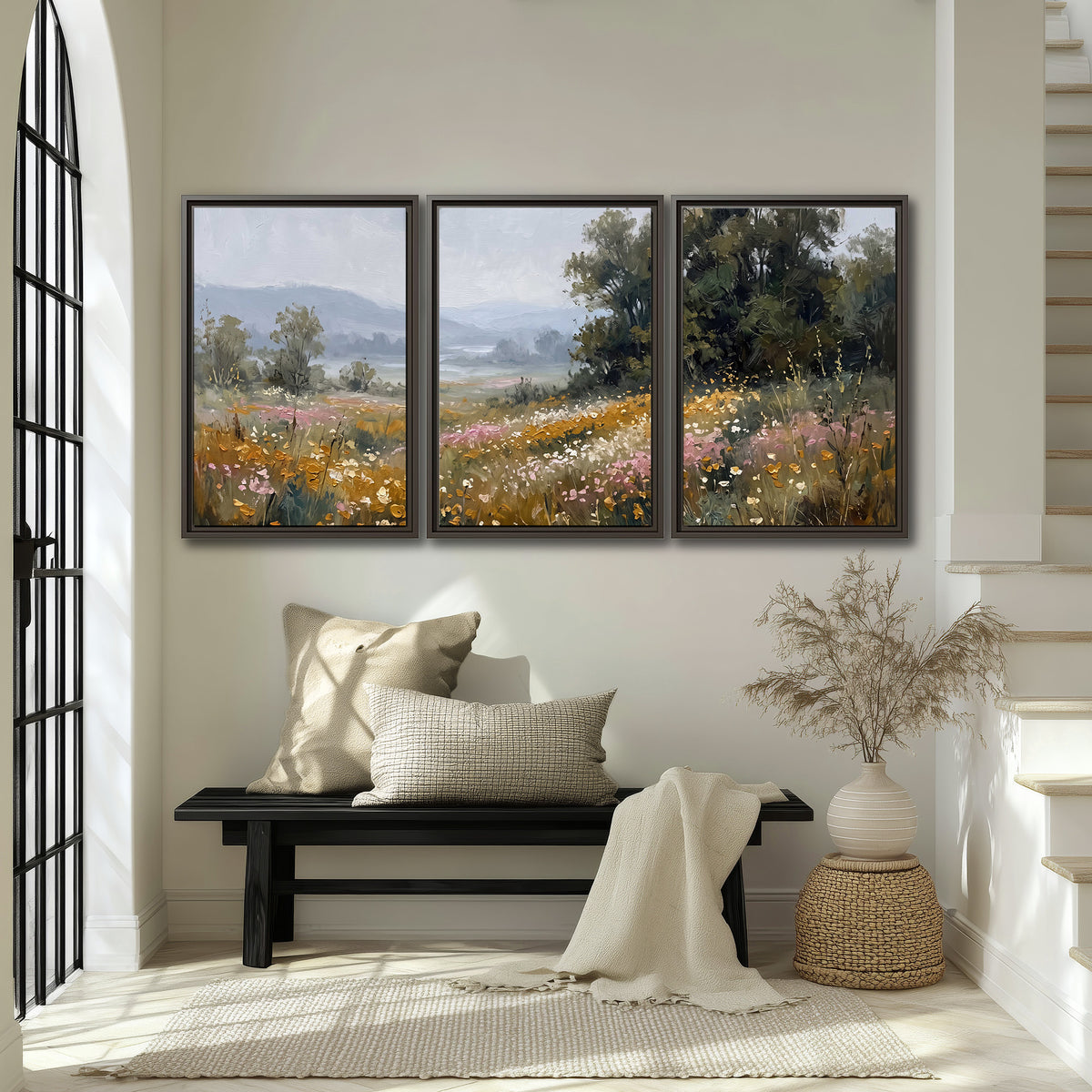 A flower-filled meadow overlooking soft blue mountain ridges 3 piece framed canvas wall art displayed in a entryway