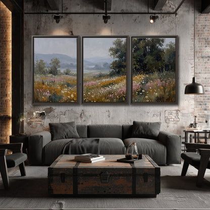 A flower-filled meadow overlooking soft blue mountain ridges 3 piece framed canvas wall art displayed in a industrial room
