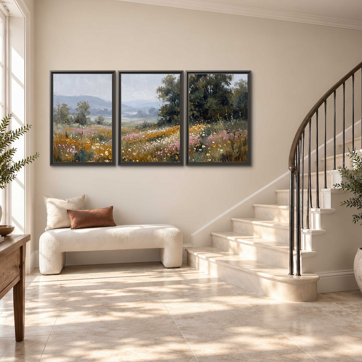 A flower-filled meadow overlooking soft blue mountain ridges 3 piece framed canvas wall art styled in an interior