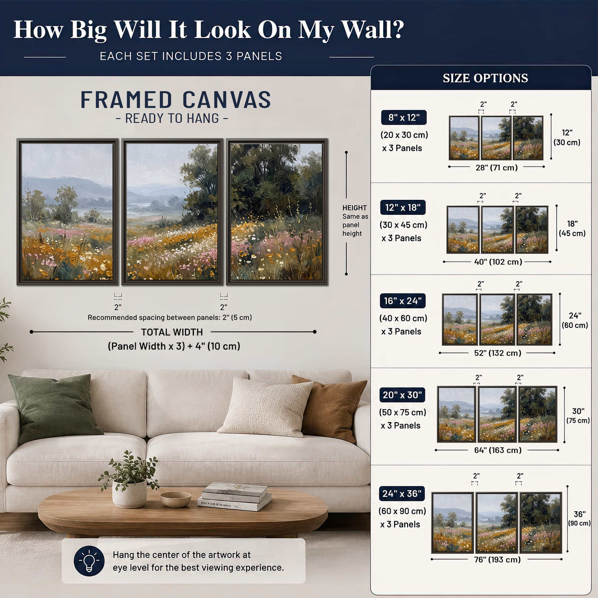 A flower-filled meadow overlooking soft blue mountain ridges 3 piece framed canvas wall art size guide above a sofa; room view is illustrative