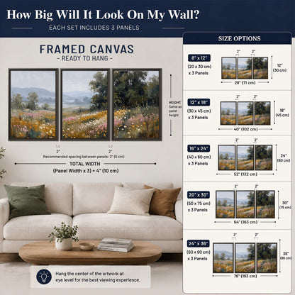 A flower-filled meadow overlooking soft blue mountain ridges 3 piece framed canvas wall art size guide above a sofa; room view is illustrative