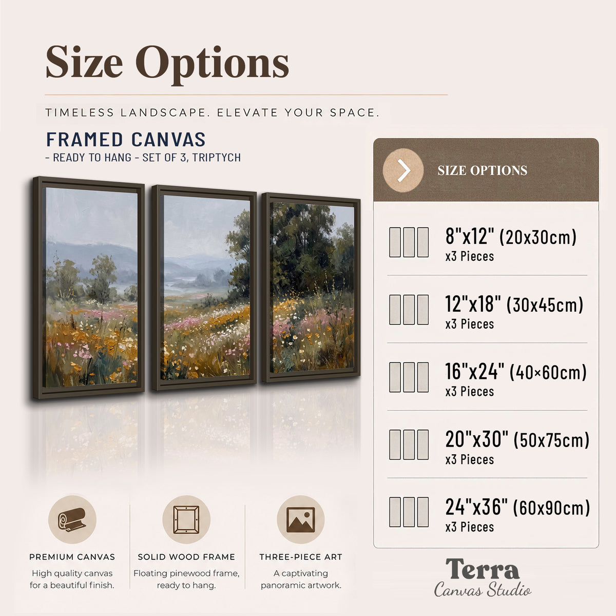 A flower-filled meadow overlooking soft blue mountain ridges 3 piece framed canvas wall art available dimensions; triptych dimensions are per panel