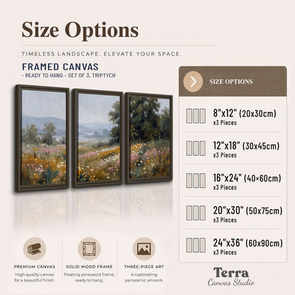 A flower-filled meadow overlooking soft blue mountain ridges 3 piece framed canvas wall art available dimensions; triptych dimensions are per panel