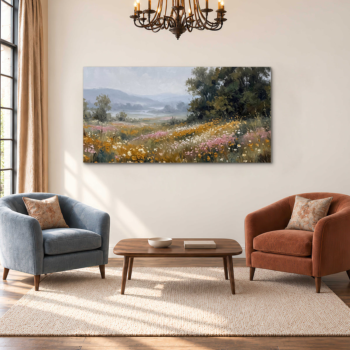 A flower-filled meadow overlooking soft blue mountain ridges single canvas wall art styled in an interior