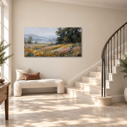 A flower-filled meadow overlooking soft blue mountain ridges single canvas wall art styled in an interior