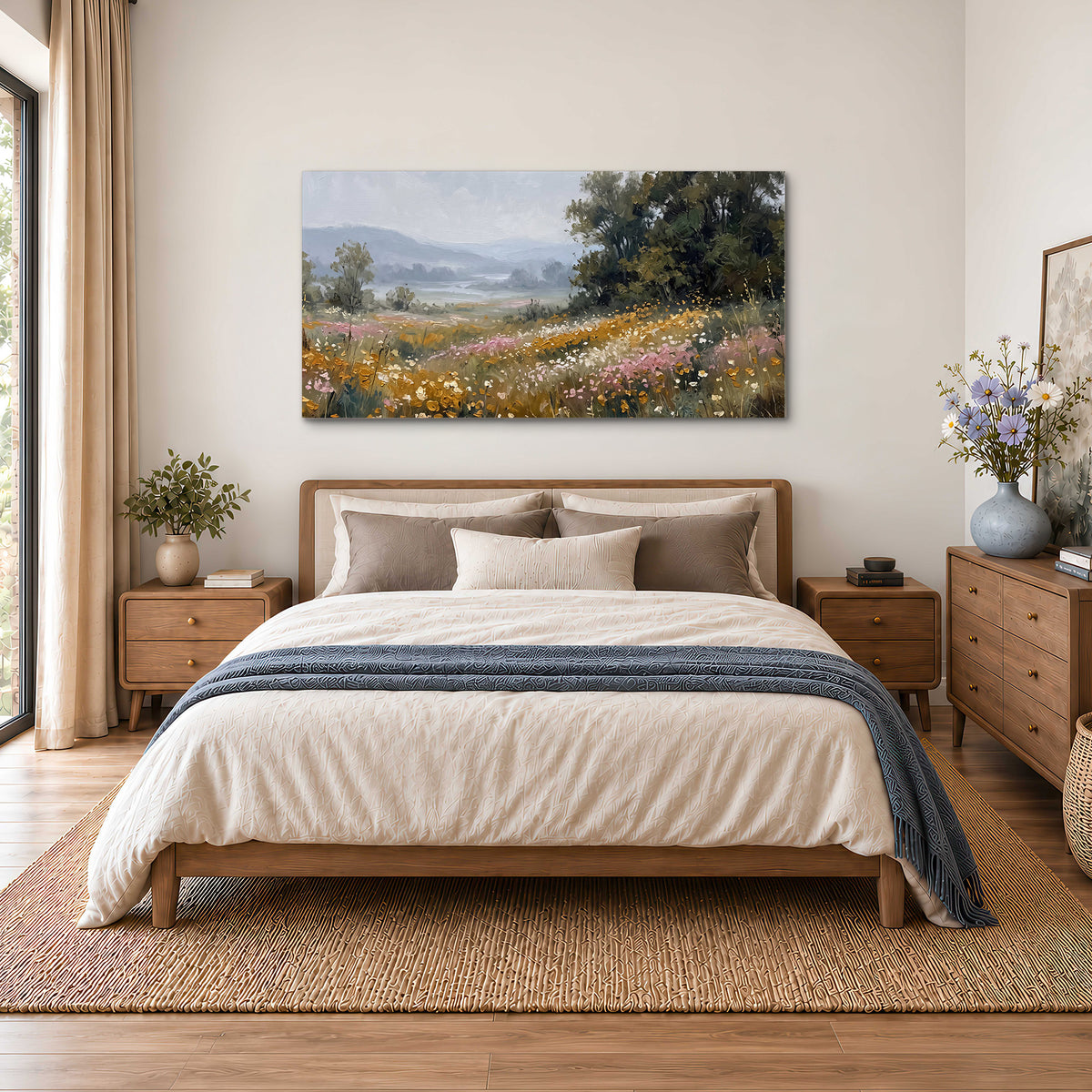 A flower-filled meadow overlooking soft blue mountain ridges single canvas wall art styled in an interior