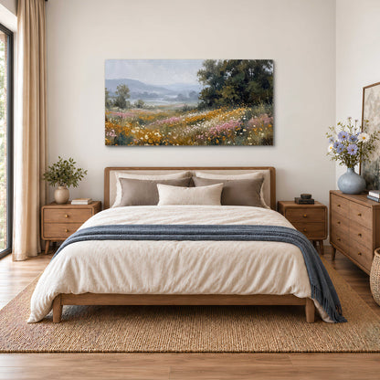 A flower-filled meadow overlooking soft blue mountain ridges single canvas wall art styled in an interior