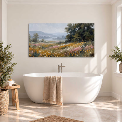 A flower-filled meadow overlooking soft blue mountain ridges single canvas wall art styled in an interior
