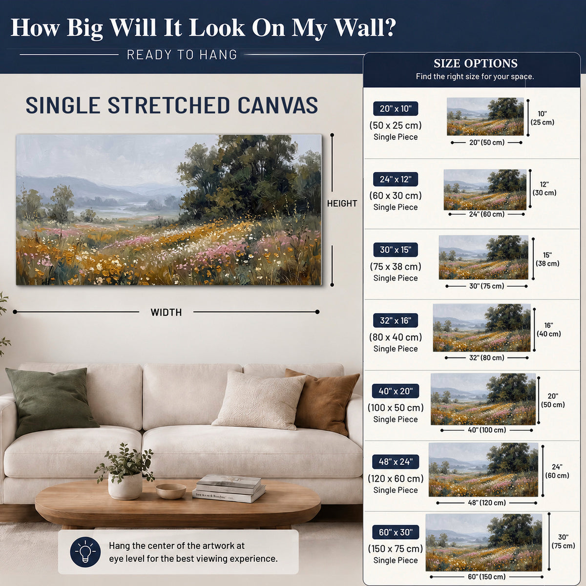 A flower-filled meadow overlooking soft blue mountain ridges single canvas wall art size guide above a sofa; room view is illustrative