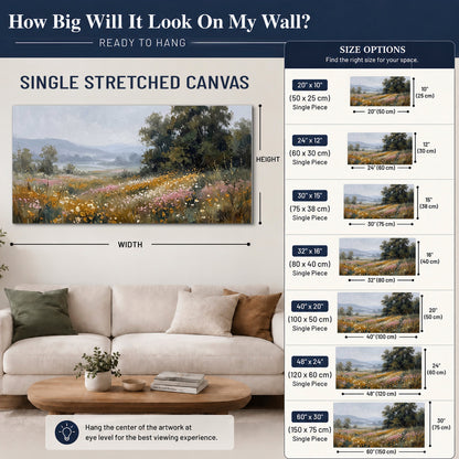 A flower-filled meadow overlooking soft blue mountain ridges single canvas wall art size guide above a sofa; room view is illustrative