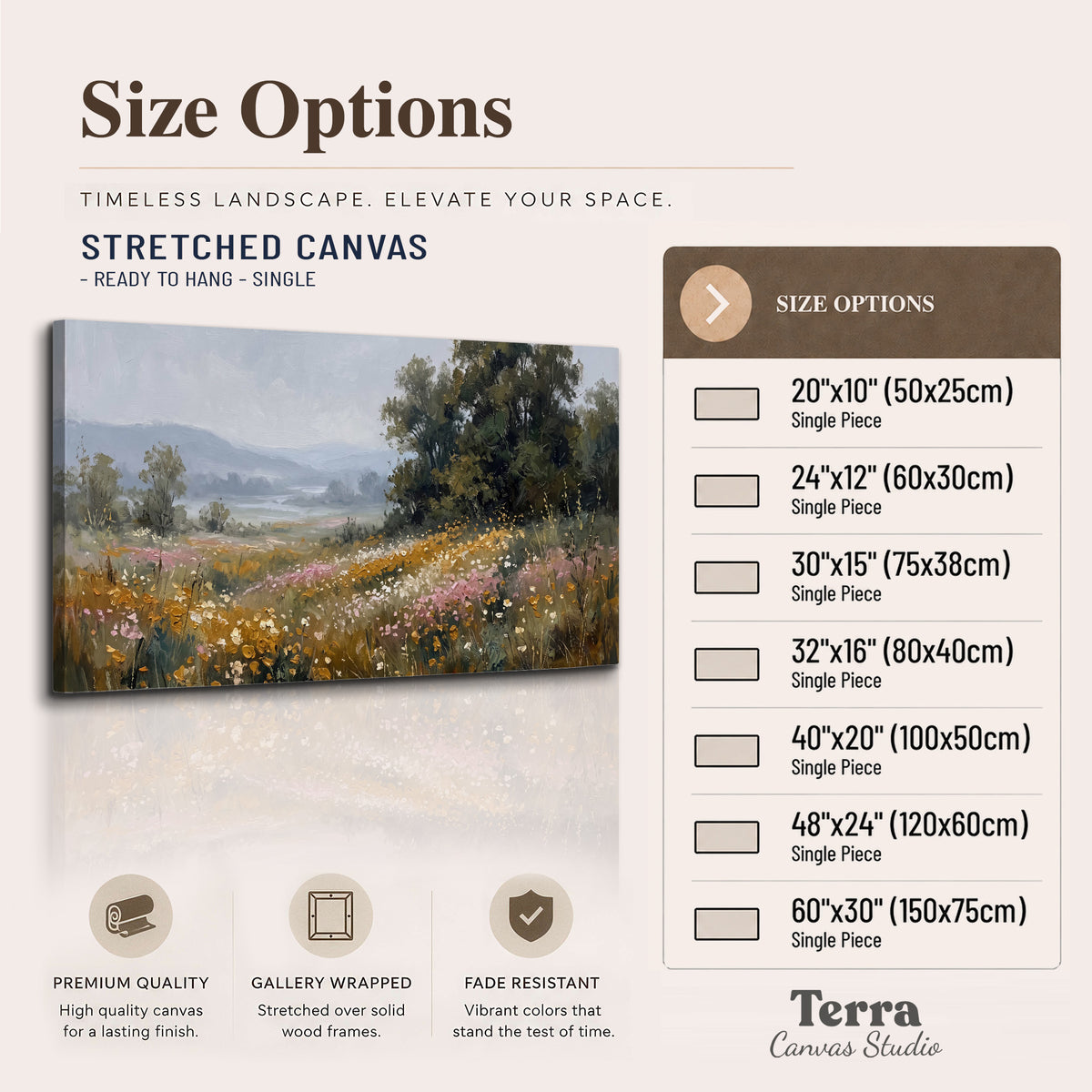 A flower-filled meadow overlooking soft blue mountain ridges single canvas wall art available dimensions