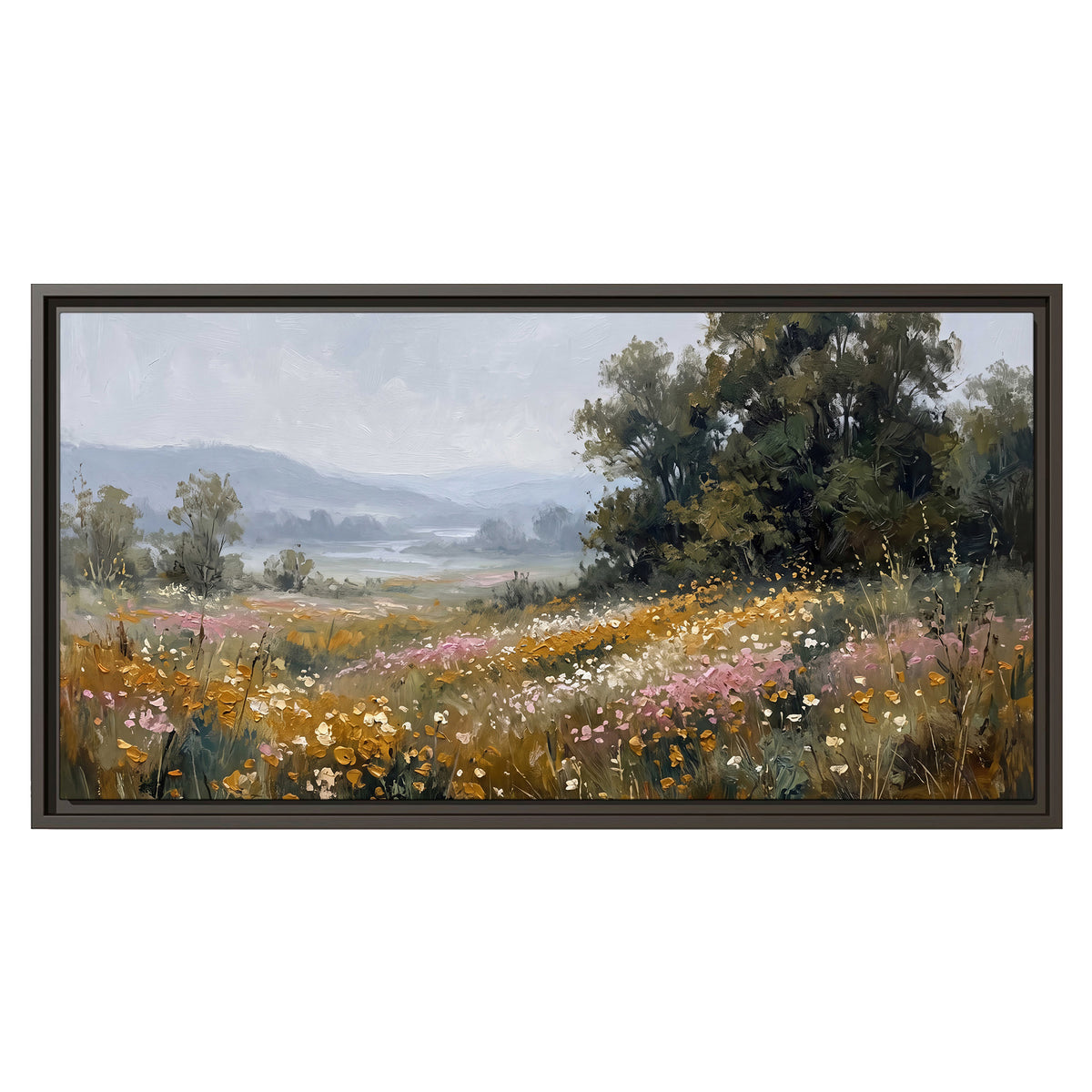 A flower-filled meadow overlooking soft blue mountain ridges single framed canvas wall art viewed straight on