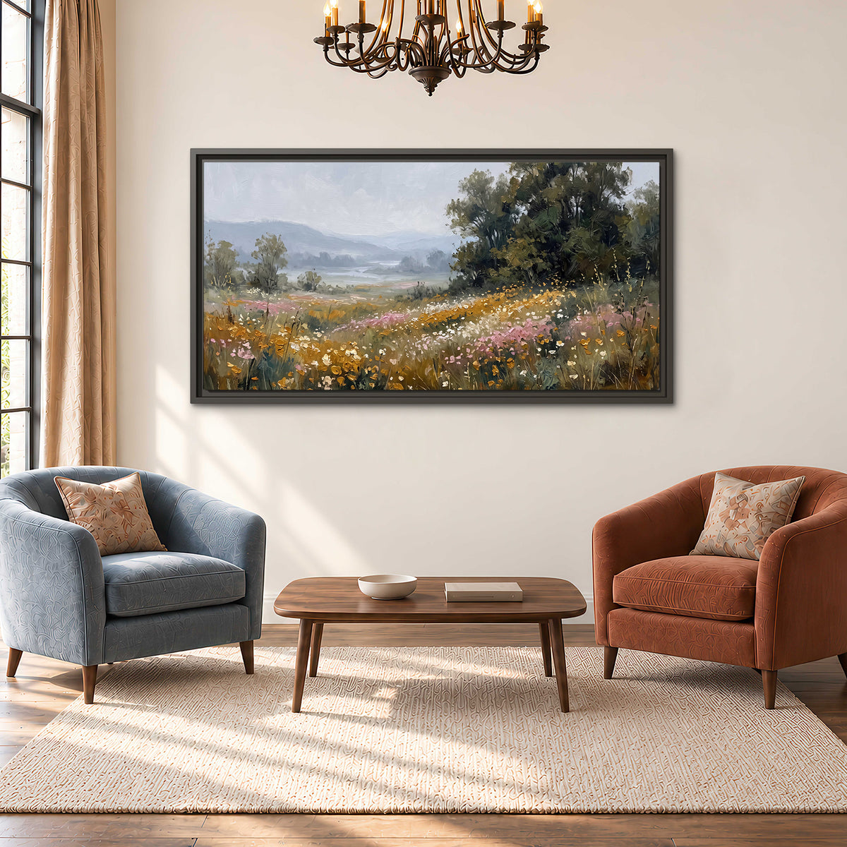 A flower-filled meadow overlooking soft blue mountain ridges single framed canvas wall art styled in an interior