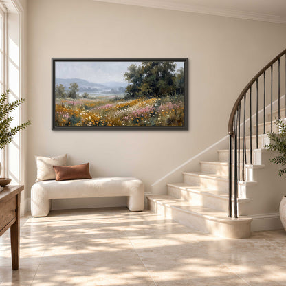 A flower-filled meadow overlooking soft blue mountain ridges single framed canvas wall art styled in an interior