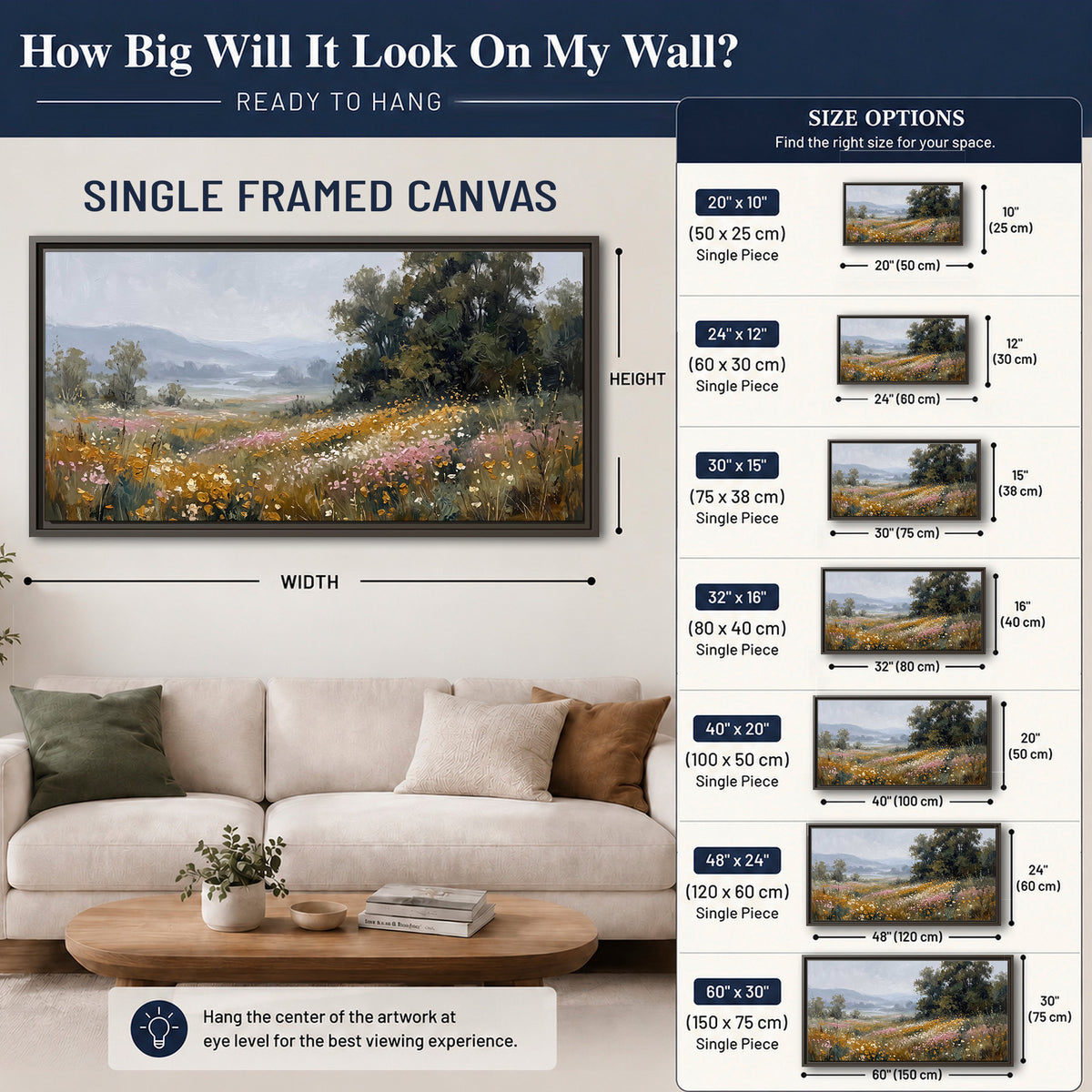 A flower-filled meadow overlooking soft blue mountain ridges single framed canvas wall art size guide above a sofa; room view is illustrative