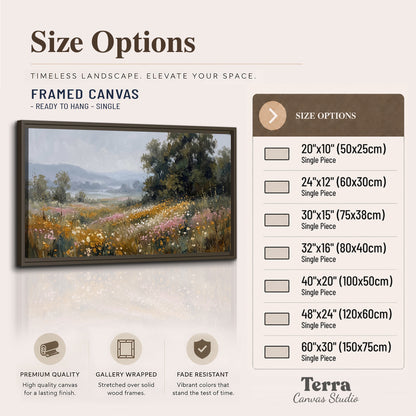 A flower-filled meadow overlooking soft blue mountain ridges single framed canvas wall art available dimensions