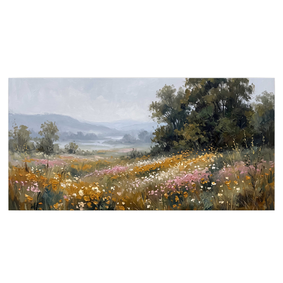 A flower-filled meadow overlooking soft blue mountain ridges single poster print viewed straight on