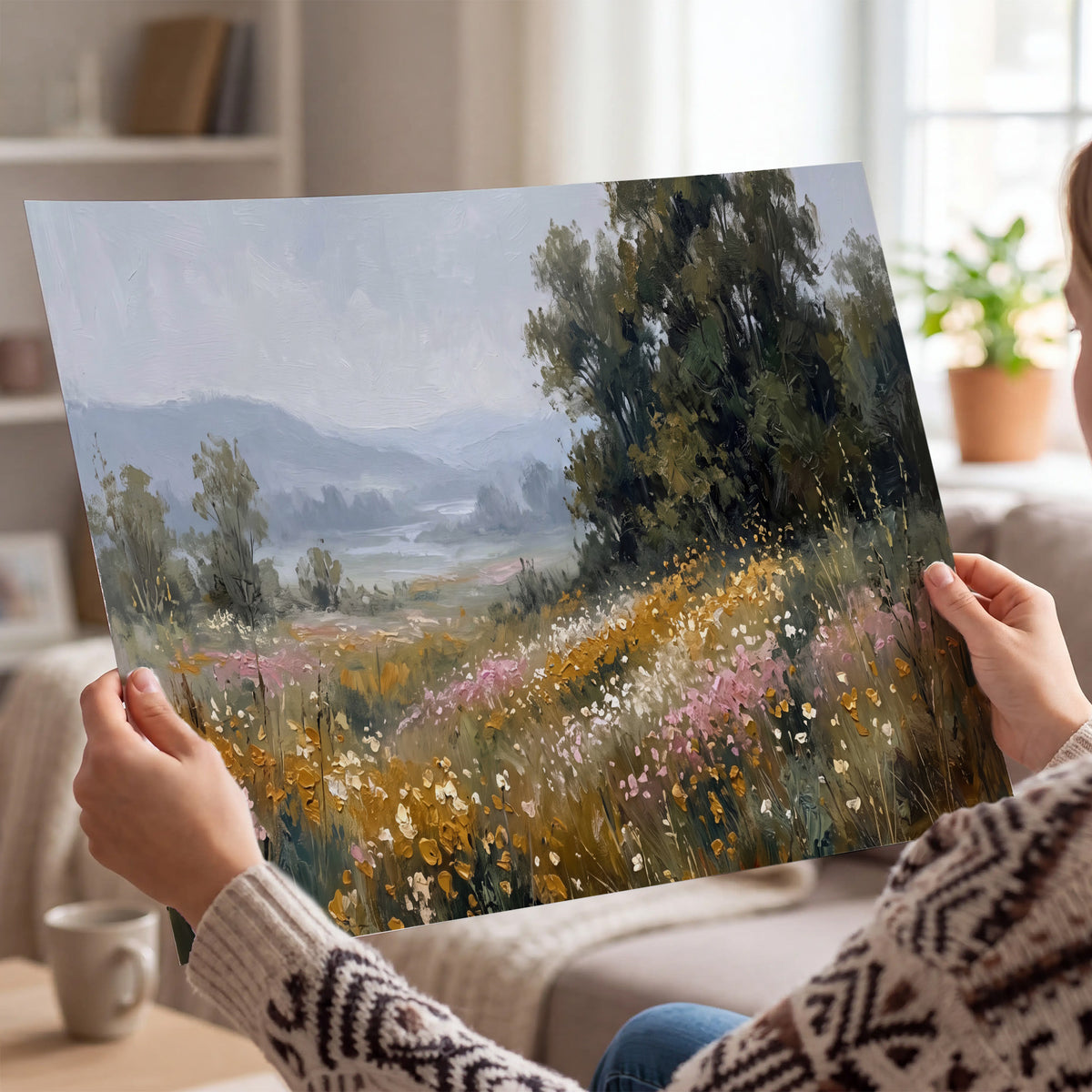 A flower-filled meadow overlooking soft blue mountain ridges single poster print held in hands