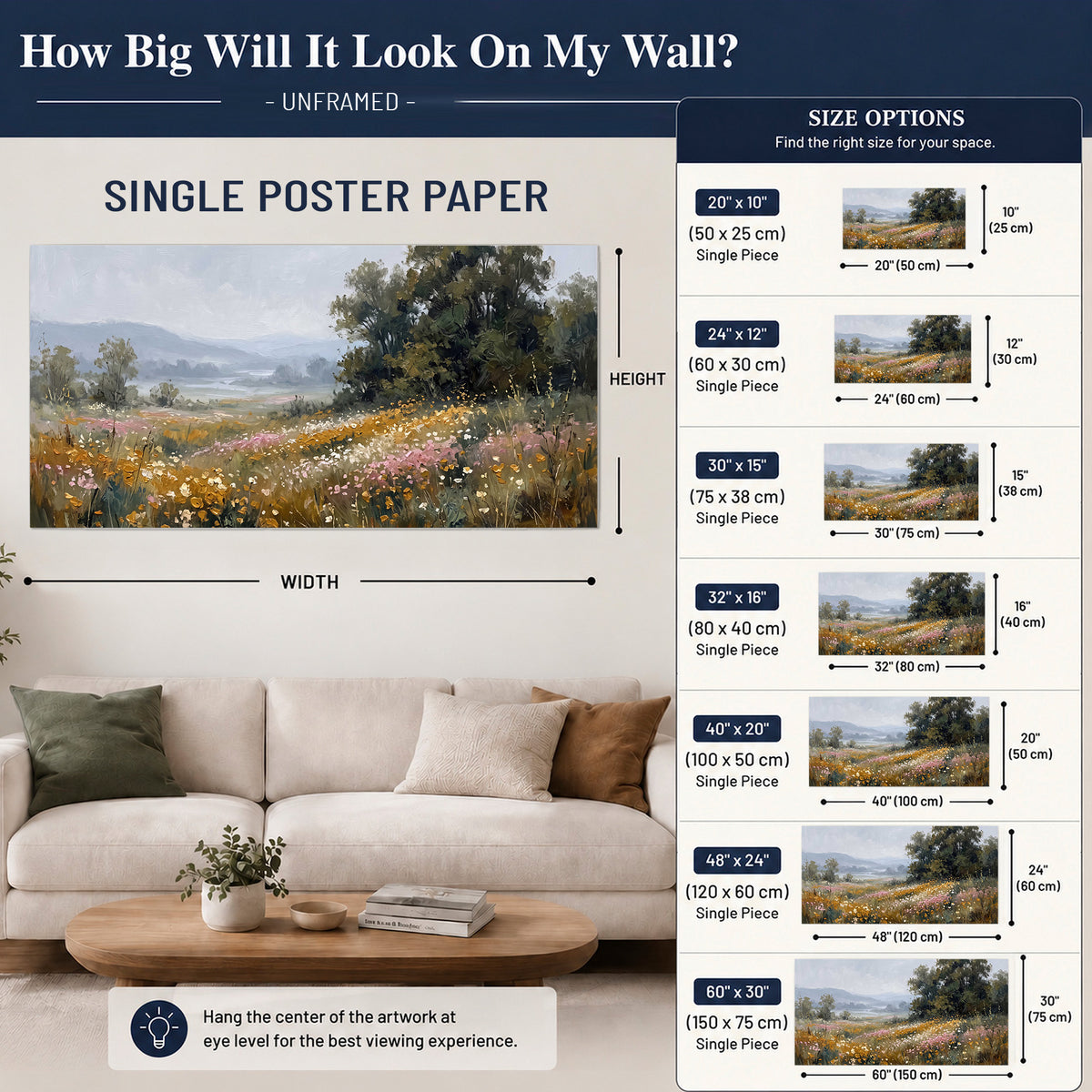 A flower-filled meadow overlooking soft blue mountain ridges single poster print size guide above a sofa; room view is illustrative