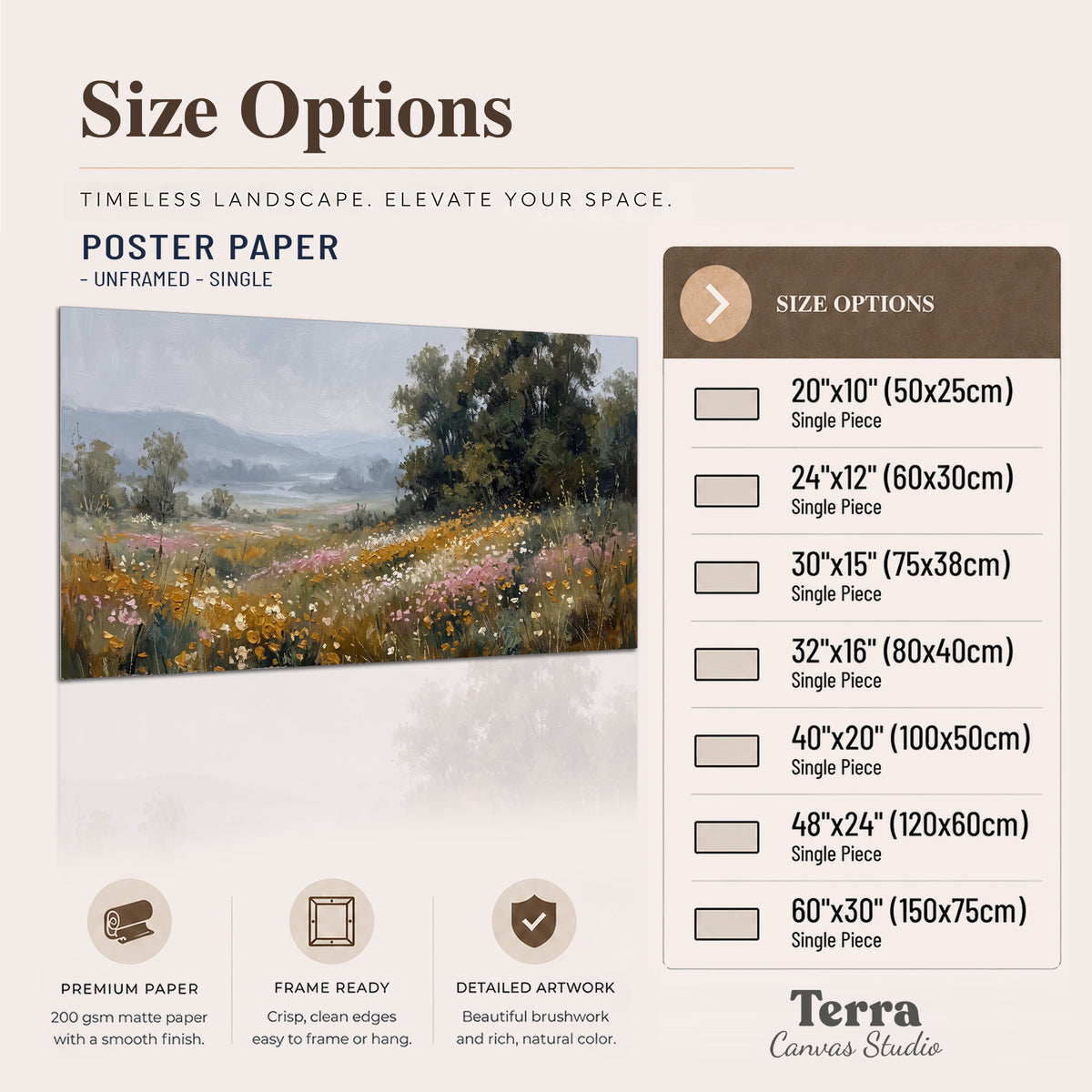 A flower-filled meadow overlooking soft blue mountain ridges single poster print available dimensions