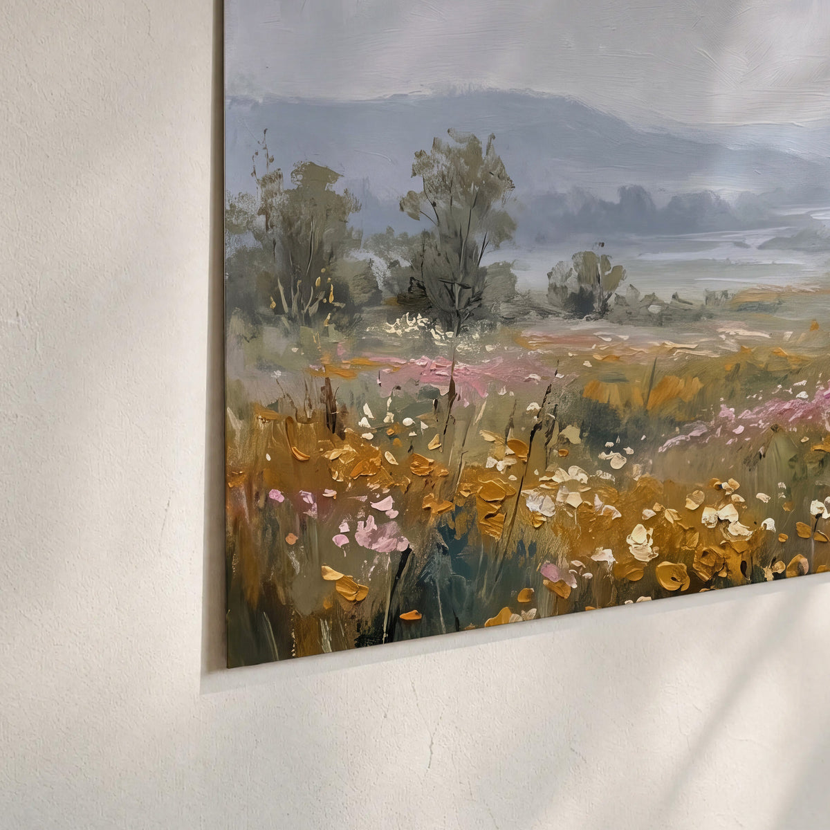 A flower-filled meadow overlooking soft blue mountain ridges set of 3 poster prints material and edge close up