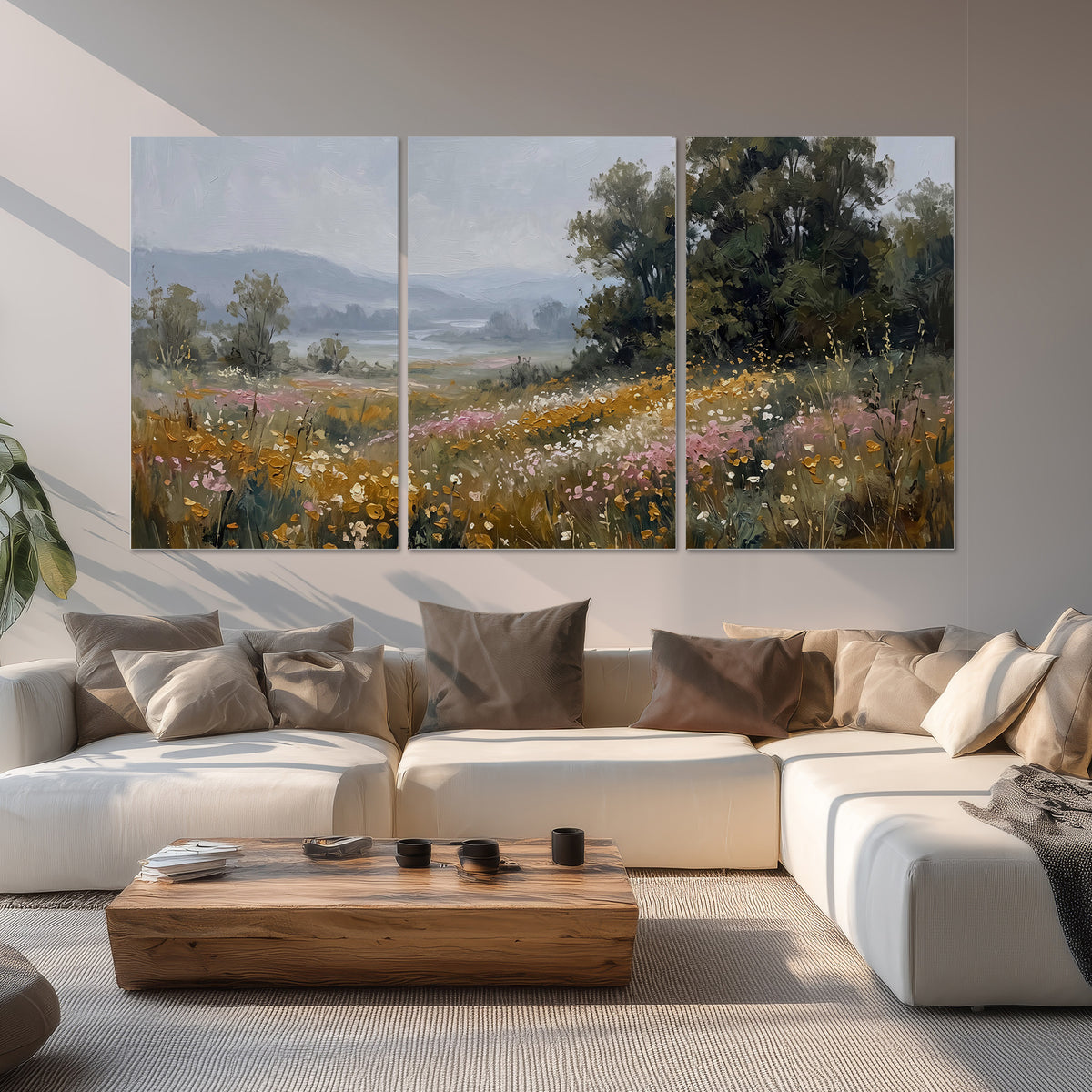 A flower-filled meadow overlooking soft blue mountain ridges set of 3 poster prints displayed in a living room