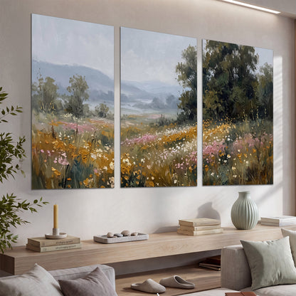 A flower-filled meadow overlooking soft blue mountain ridges set of 3 poster prints displayed in a console