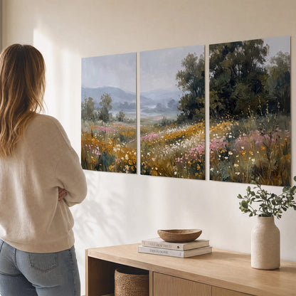 A flower-filled meadow overlooking soft blue mountain ridges set of 3 poster prints three panel arrangement on a wall