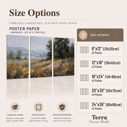 A flower-filled meadow overlooking soft blue mountain ridges set of 3 poster prints available dimensions; triptych dimensions are per panel