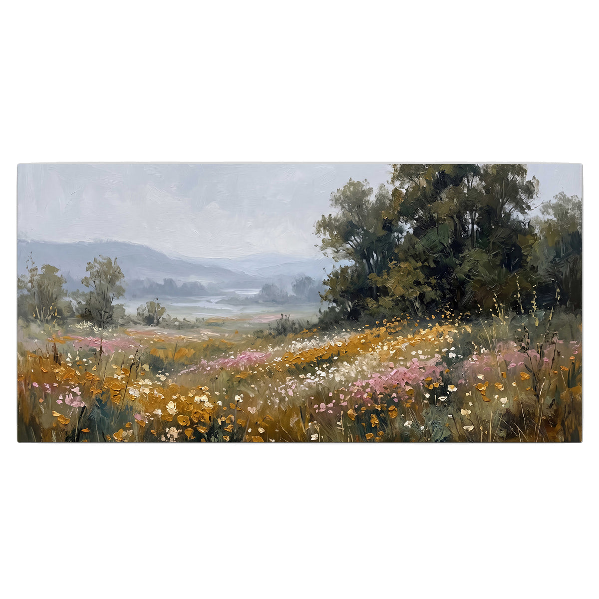 A flower-filled meadow overlooking soft blue mountain ridges single canvas wall art viewed straight on