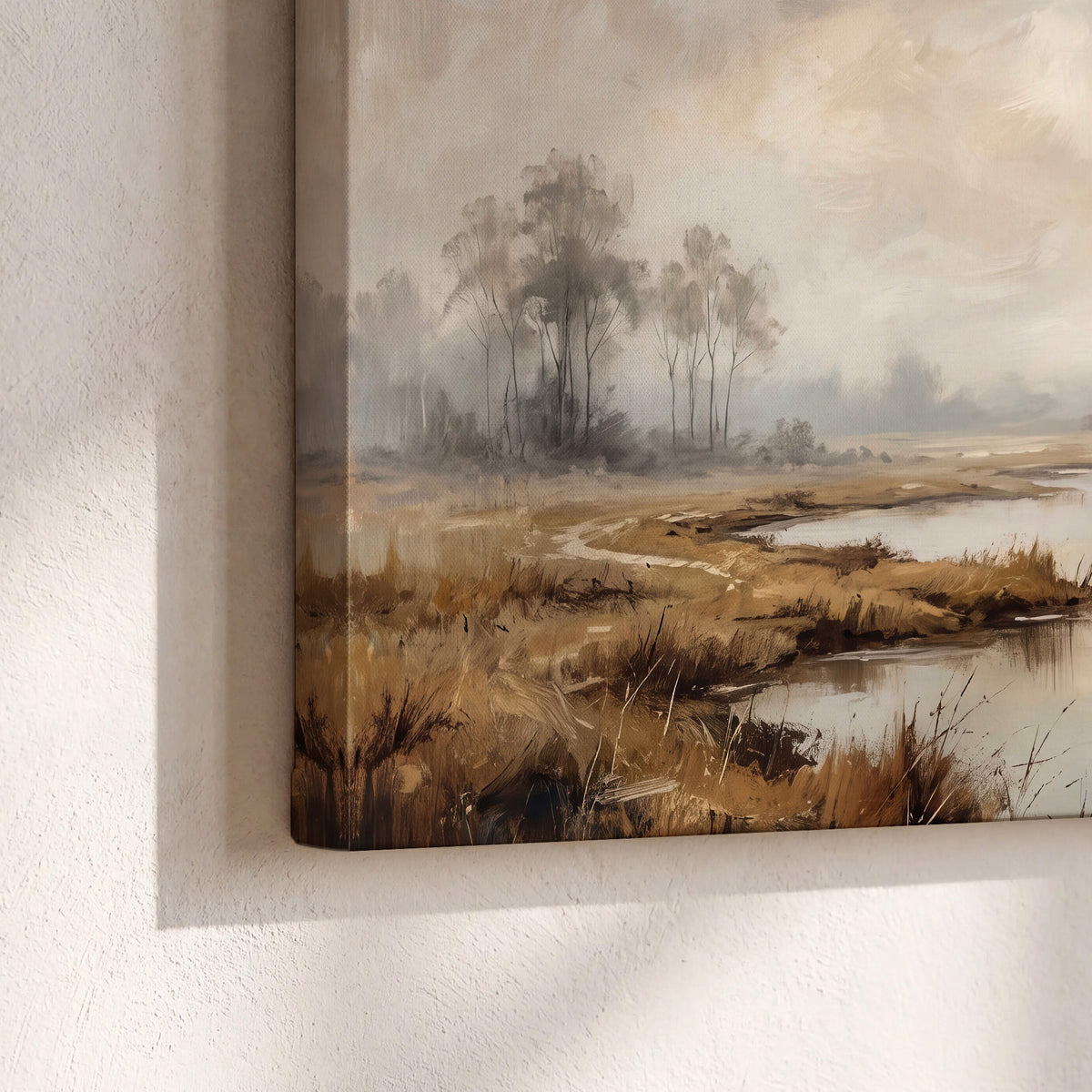 Warm autumn trees beside a quiet reflective river 3 piece canvas wall art material and edge close up