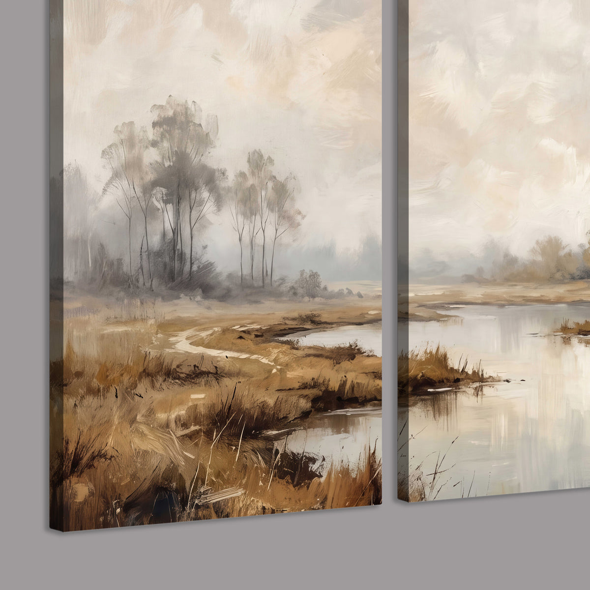 Warm autumn trees beside a quiet reflective river 3 piece canvas wall art room and product view
